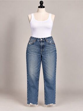 American Eagle Strigid Mom Jeans 16 Short Deep Sea Blue Raw Hem High Rise
